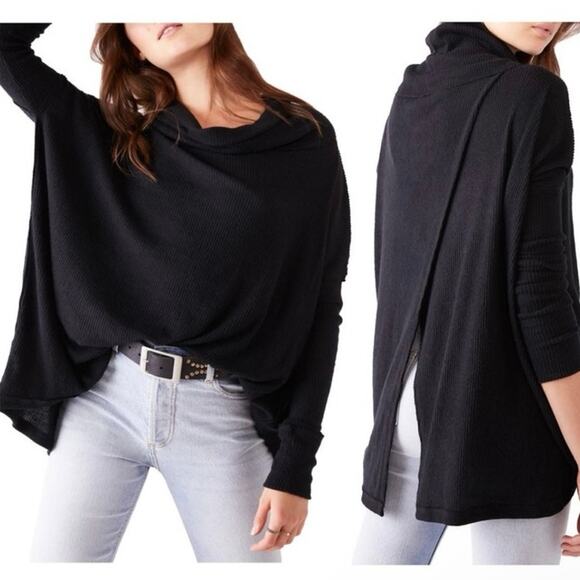 Free People Tops - Free People NWT Black Juicy Oversized Waffle Knit Split Back Top Small